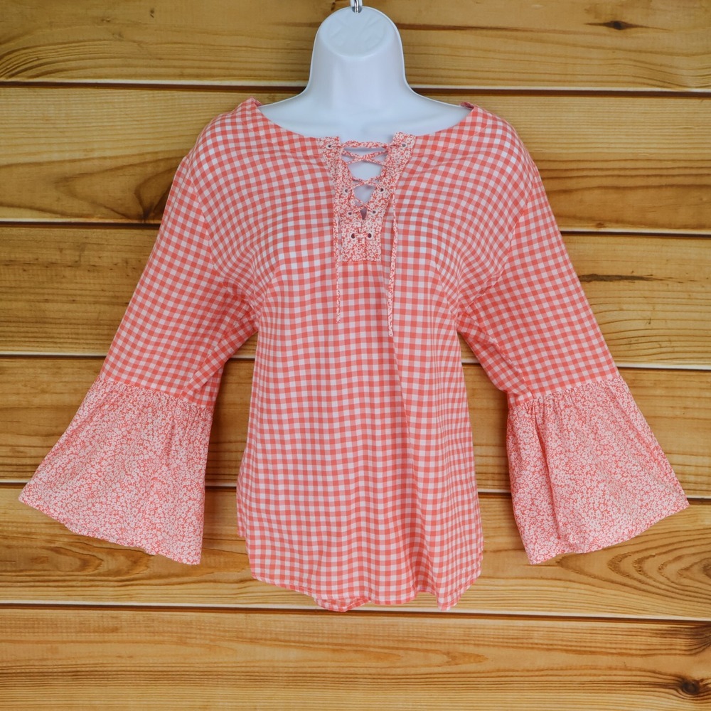 St. John's Bay Blouse Womens Size L Pink White Checks Bell Sleeves Lace Up Front